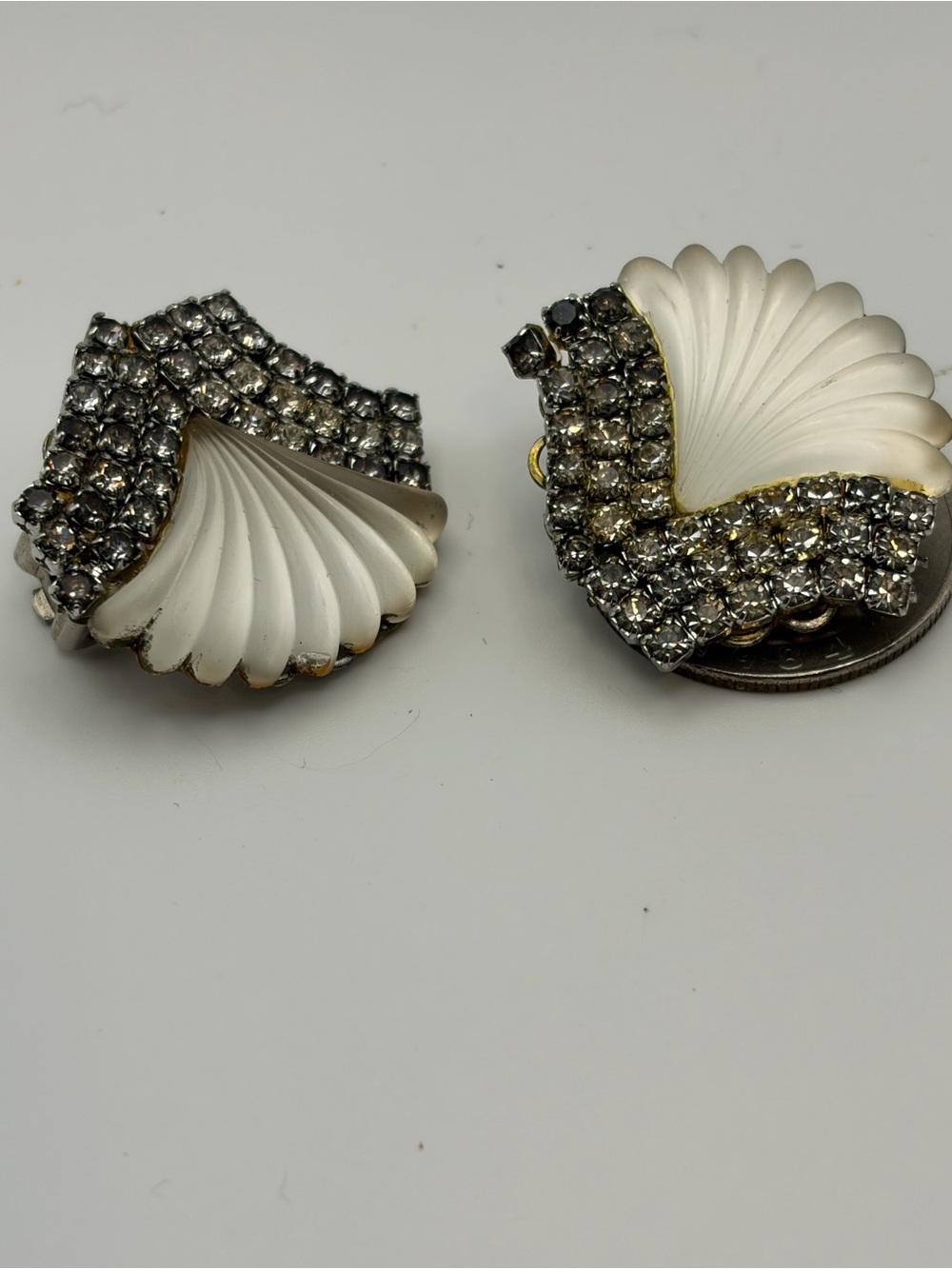 Vintage MCM rhinestone fan shell clip on earrings white lucite